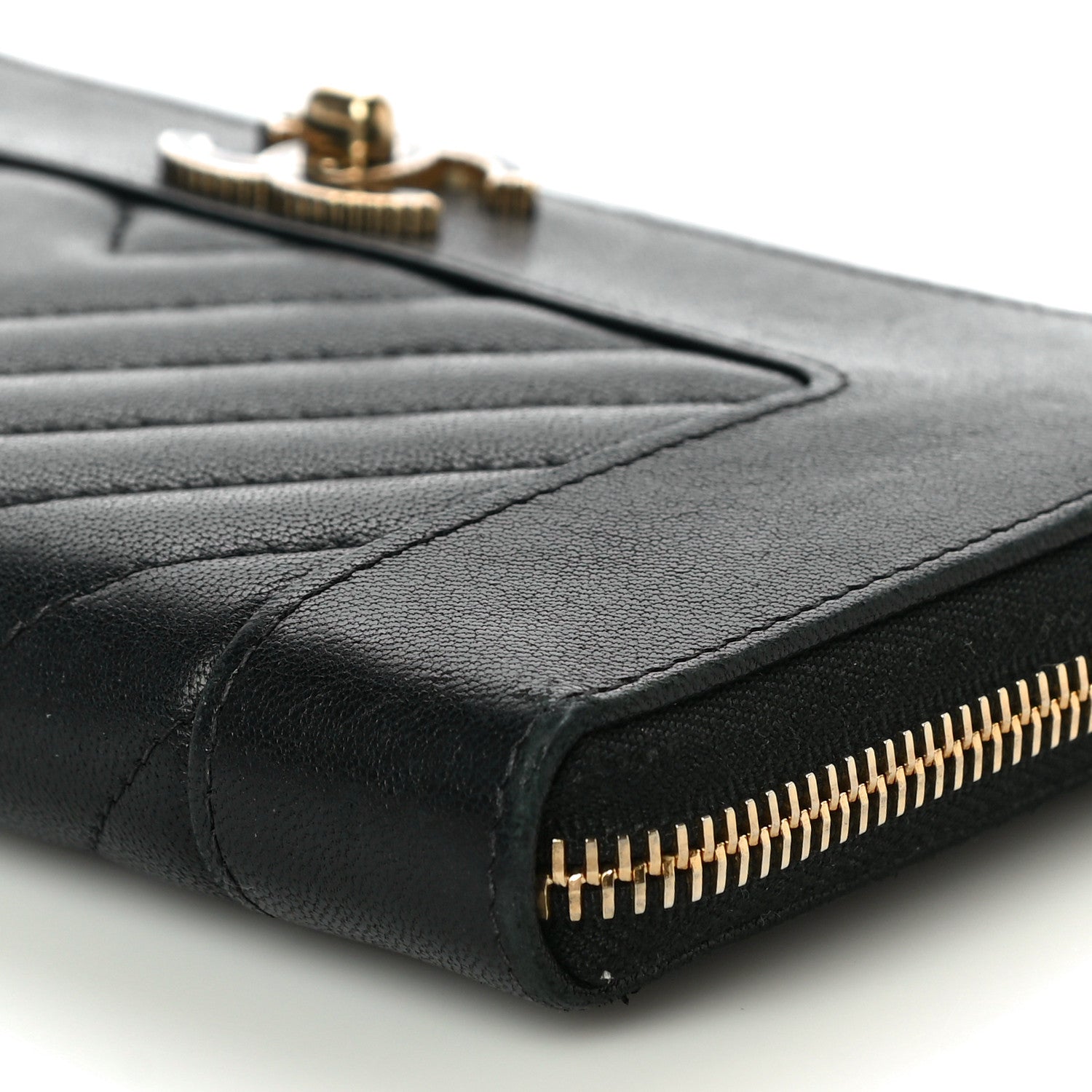 Chanel Sheepskin Chevron Quilted Mademoiselle Vintage Zip Around Wallet Black 11 of 12