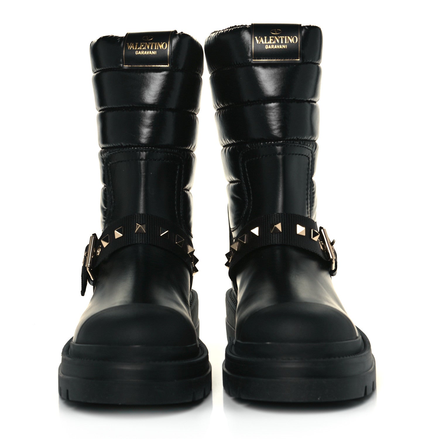 Valentino Garavani Calfskin Nylon Quilted Waterproof Rockstud 40mm Biker Boots 39 Black 2 of 9