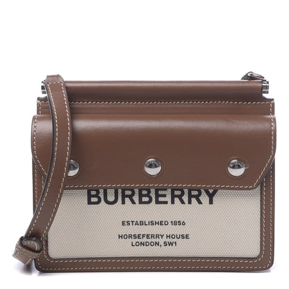 Burberry Smooth Calfskin Canvas Horseferry Print Mini Title Bag with Pocket Natural Malt Brown 1 of 15