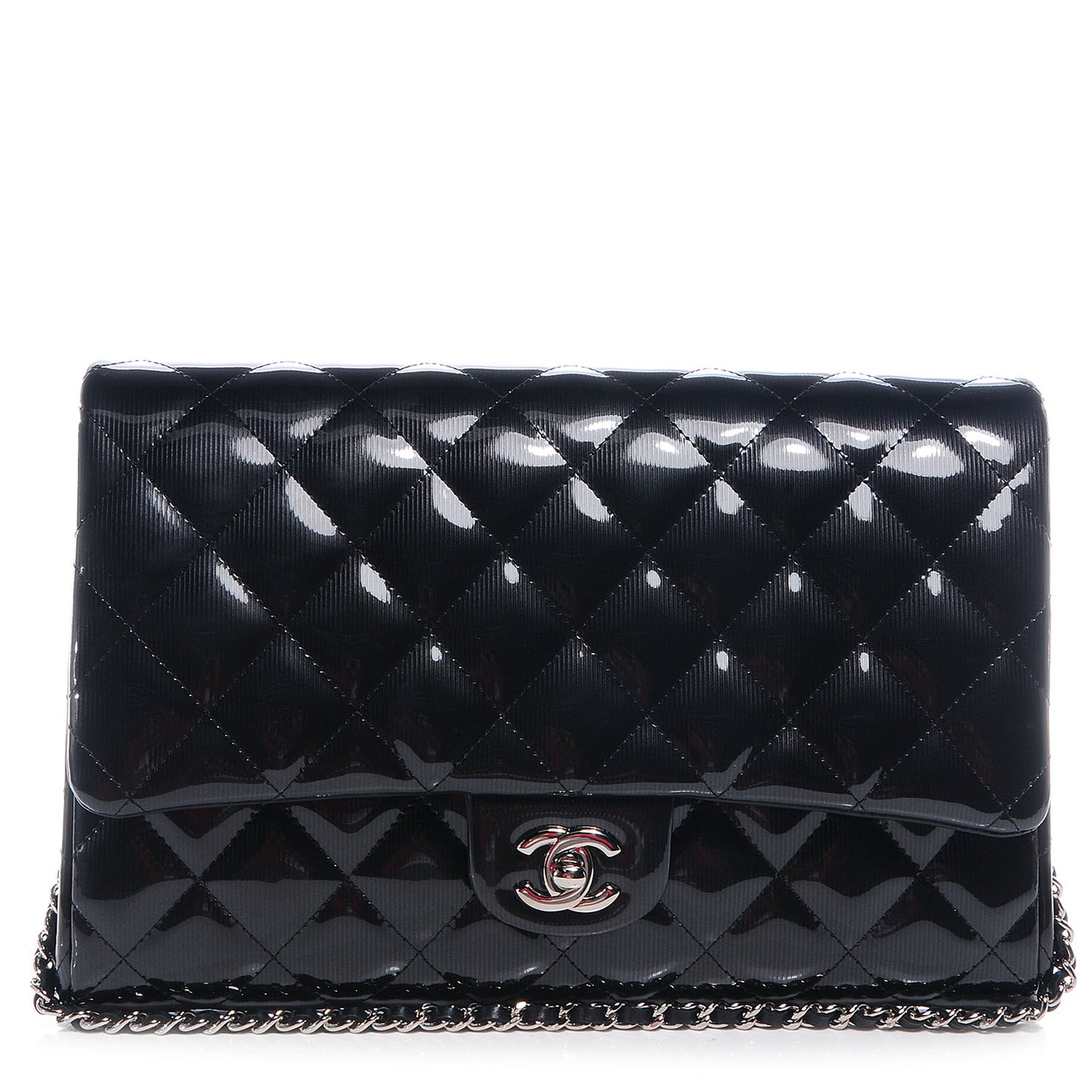 Striated Patent Quilted Clutch Flap Black