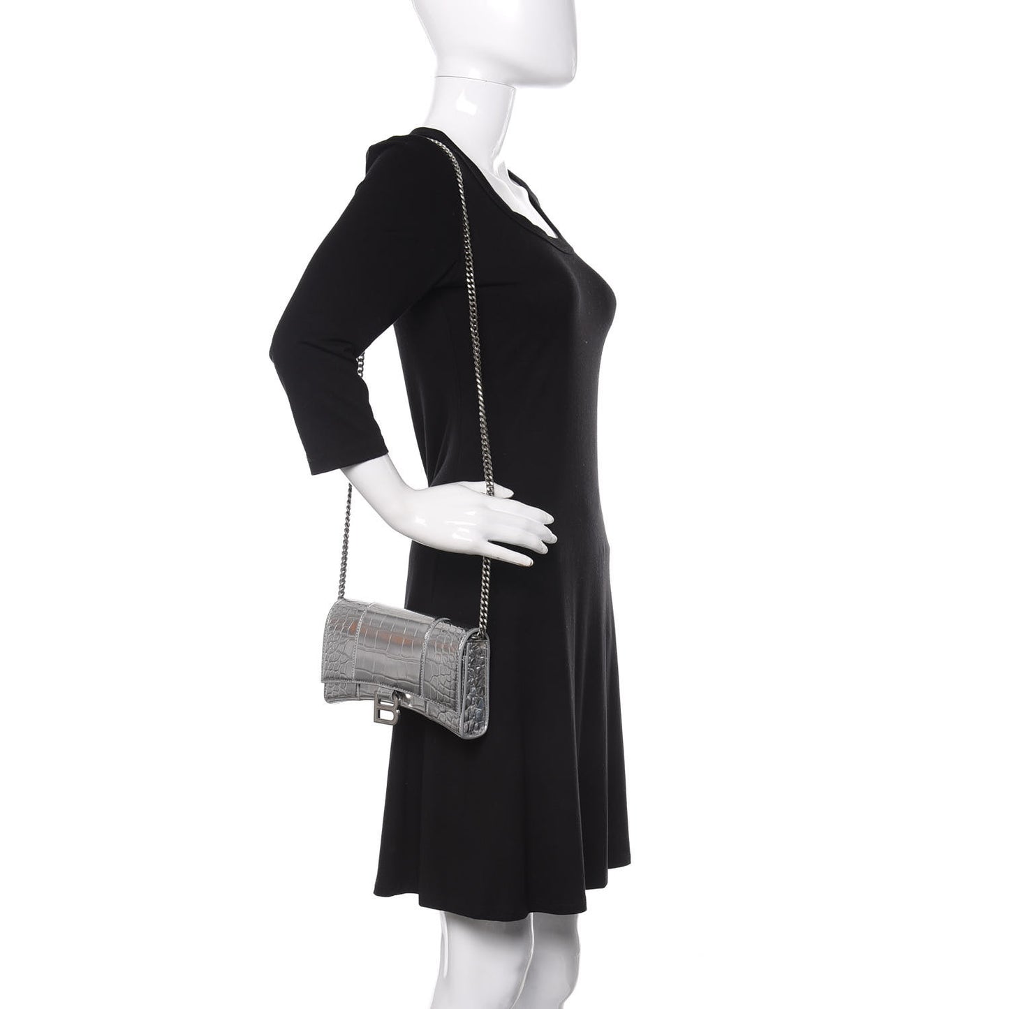 Metallic Calfskin Crocodile Embossed Hourglass Chain Bag Silver