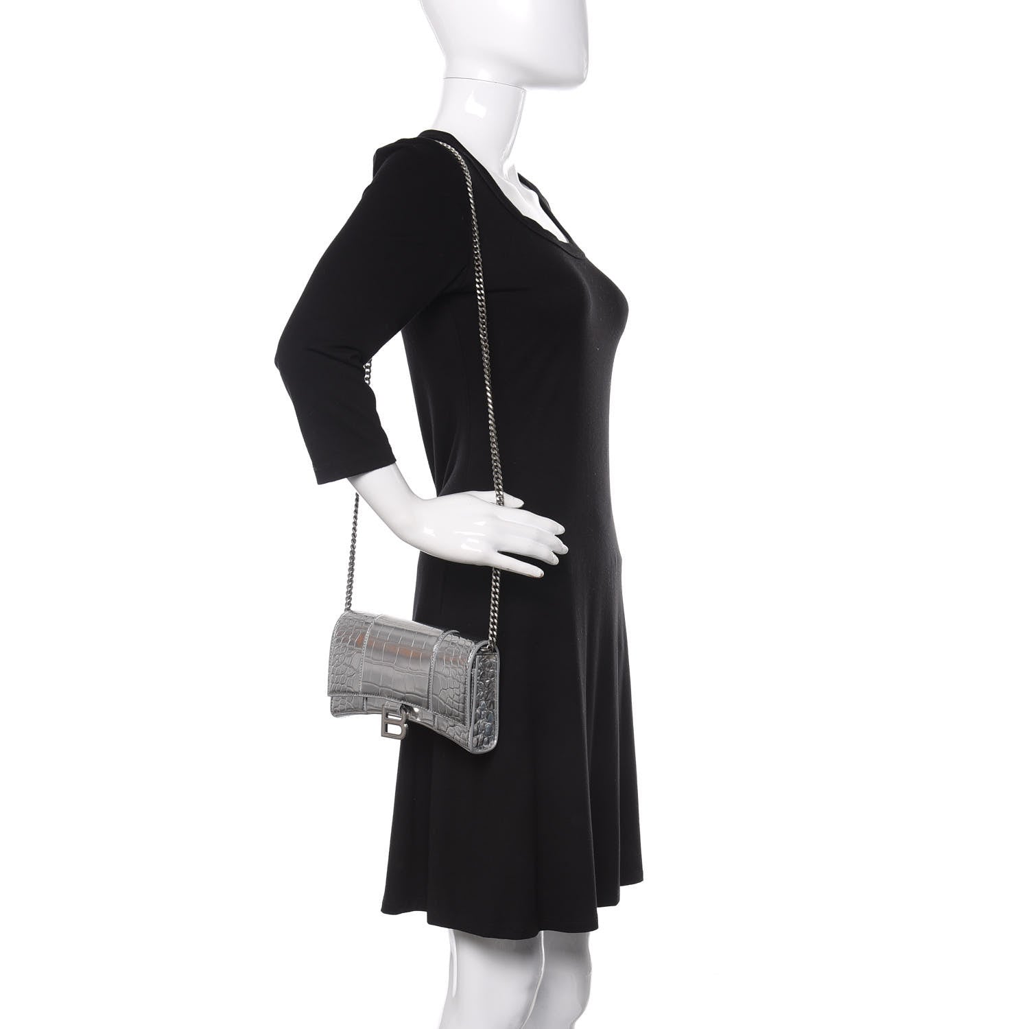 Balenciaga Metallic Calfskin Crocodile Embossed Hourglass Chain Bag Silver 2 of 9