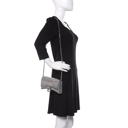 Balenciaga Metallic Calfskin Crocodile Embossed Hourglass Chain Bag Silver 2 of 9