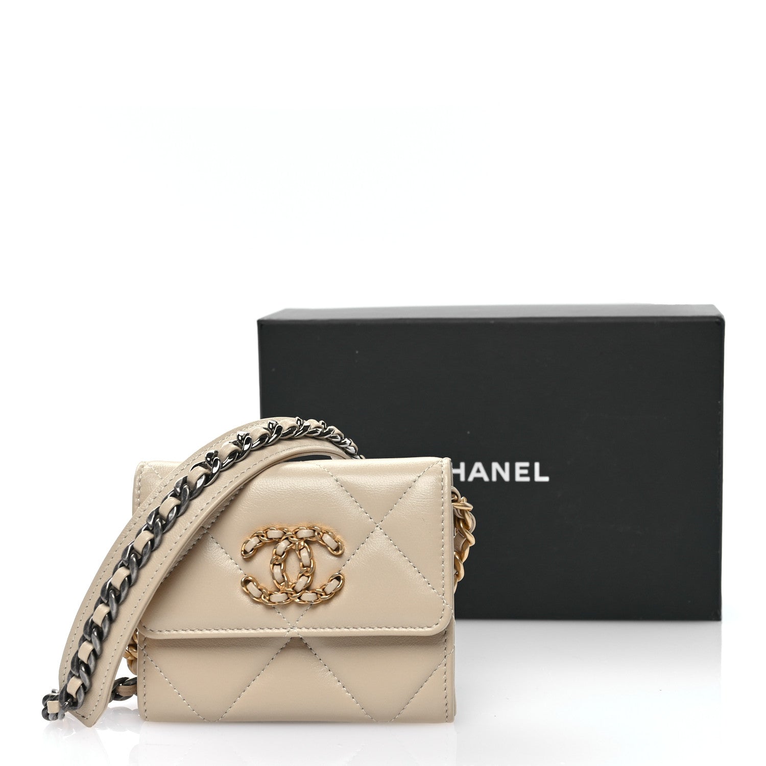 Chanel Lambskin Quilted Chanel 19 Flap Coin Purse With Chain Beige 12 of 12