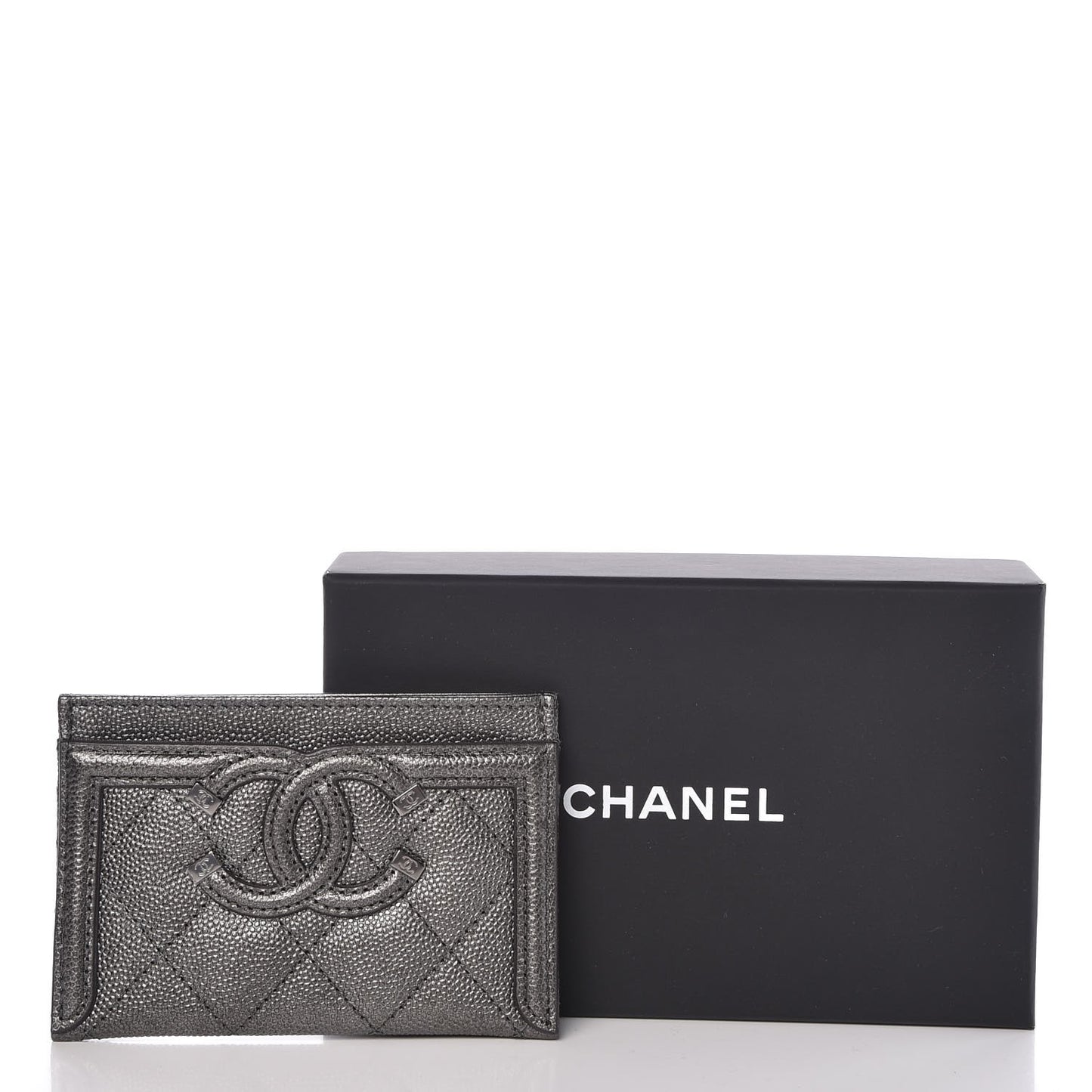 Metallic Caviar Quilted CC Card Holder Dark Silver