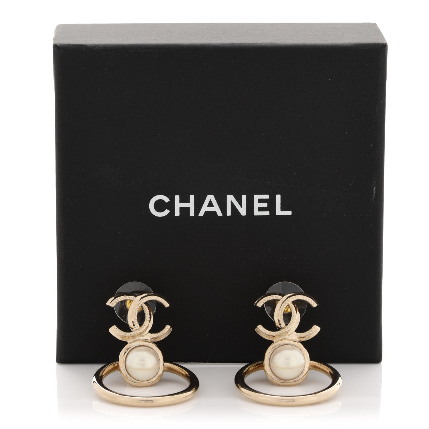 Chanel Metal Pearl CC Hoop Drop Earrings Gold 5 of 5