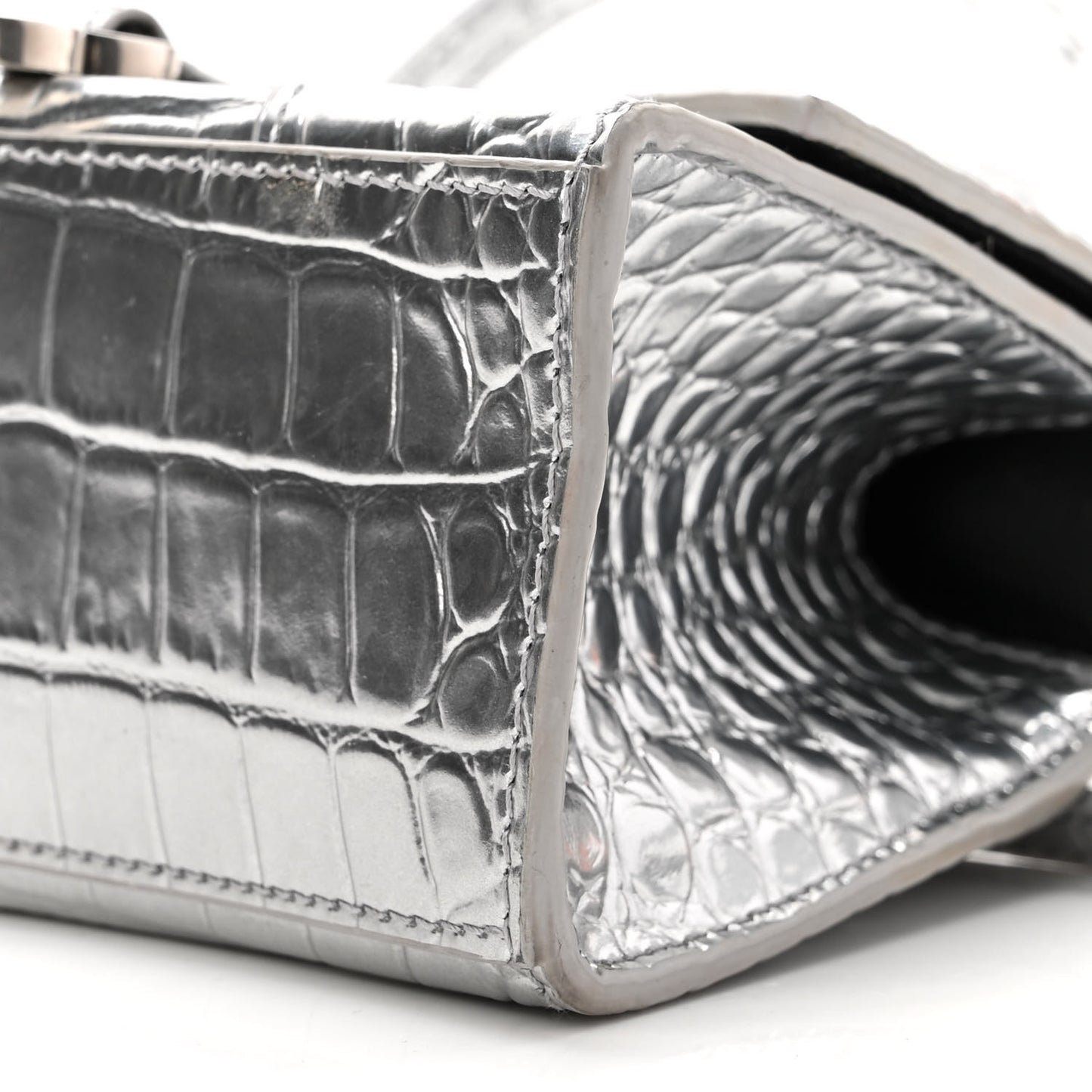 Metallic Calfskin Crocodile Embossed Hourglass Top Handle Bag XS Silver