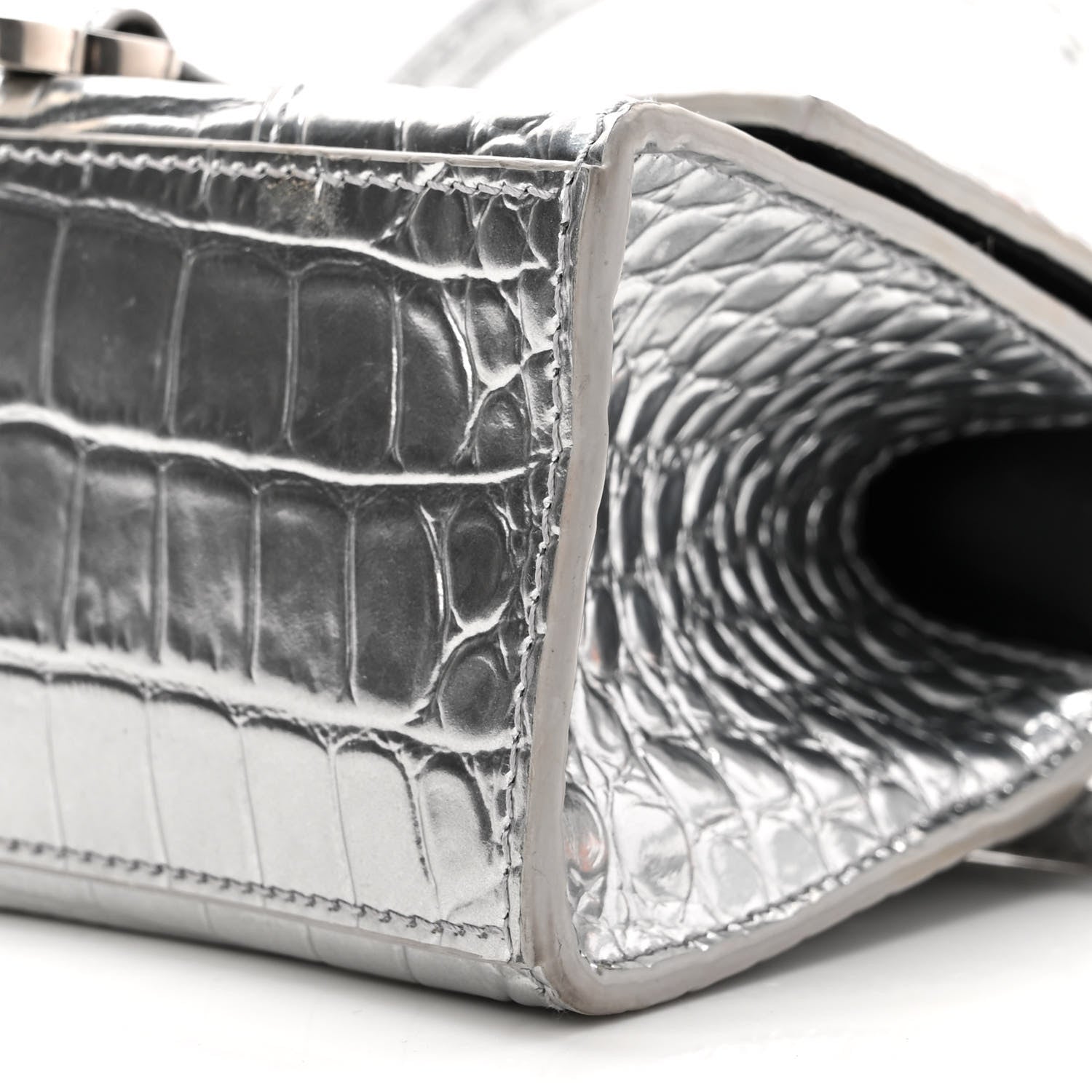 Balenciaga Metallic Calfskin Crocodile Embossed Hourglass Top Handle Bag XS Silver 9 of 9
