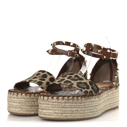 Valentino Garavani Canvas Leopard Print Rockstud Ankle Wrap Espadrille Flatform Sandals 41 Brown 4 of 13