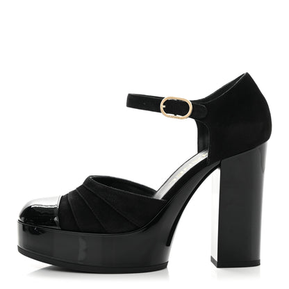 Chanel Patent Suede CC Platform Pumps 37.5 Black 1 of 13