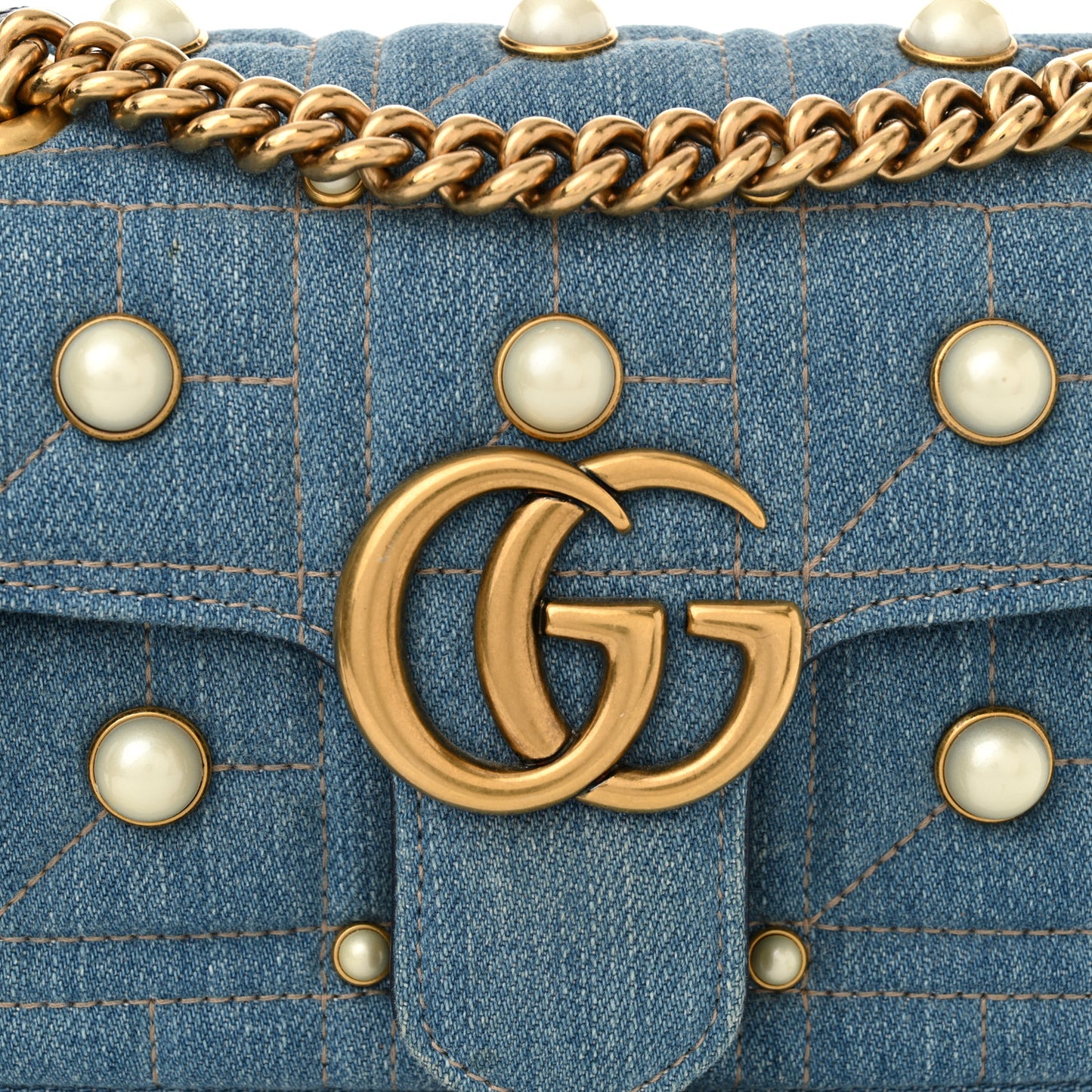 Denim Matelasse Pearl Studded Mini GG Marmont Shoulder Bag Blue
