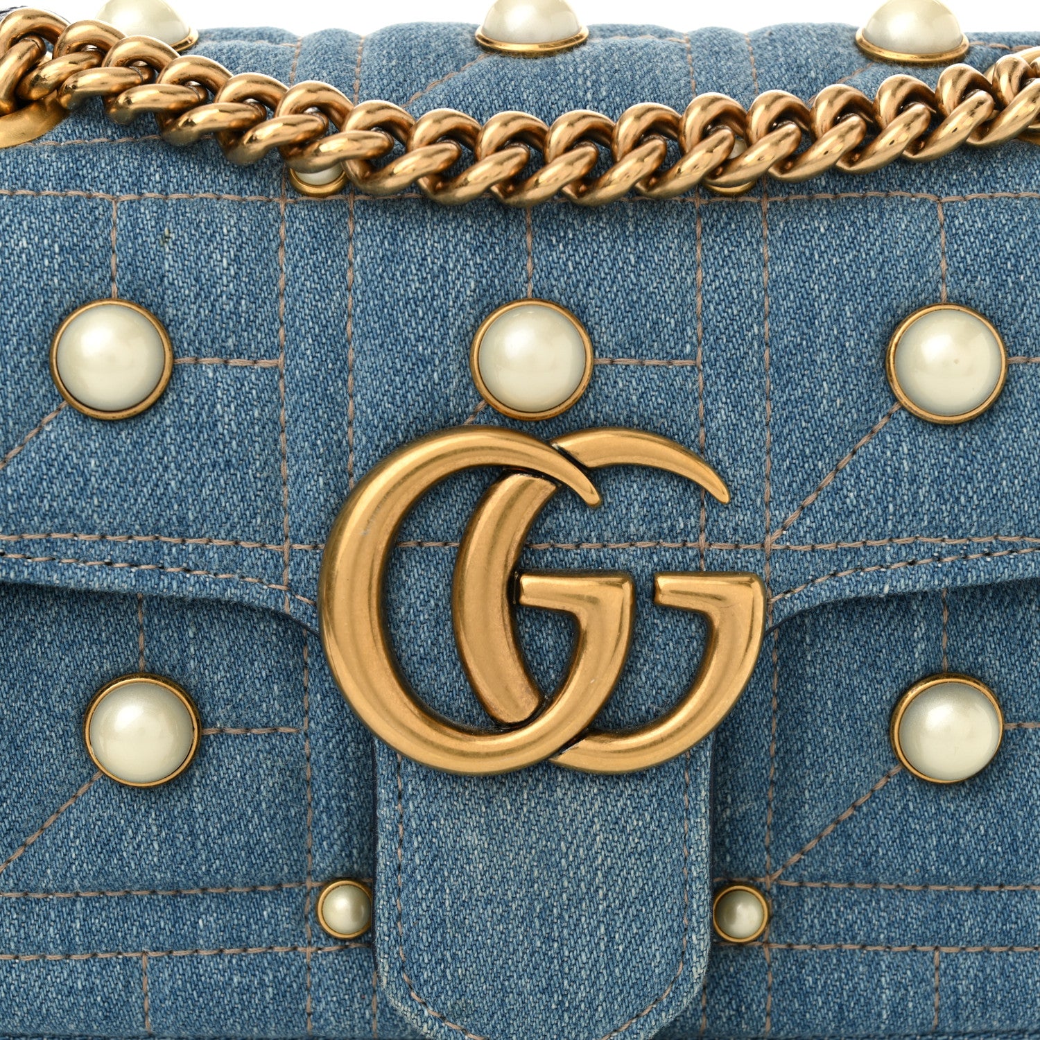 Gucci Denim Matelasse Pearl Studded Mini GG Marmont Shoulder Bag Blue 9 of 11