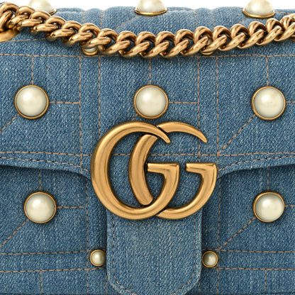 Gucci Denim Matelasse Pearl Studded Mini GG Marmont Shoulder Bag Blue 9 of 11