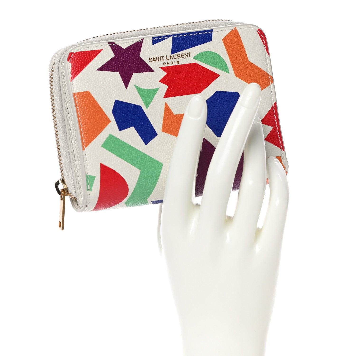 Saint Laurent Grained Calfskin Paris Compact Zip Around Wallet White Multicolor 2 of 10