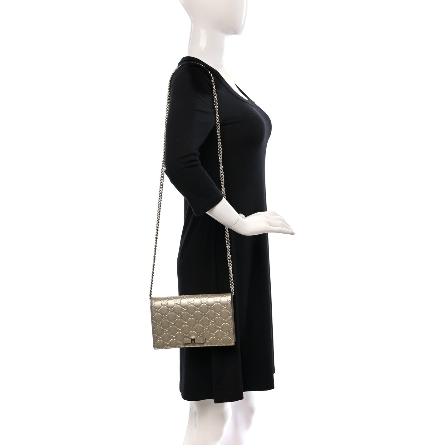Metallic Guccissima Signature Bowy Chain Wallet Golden Beige