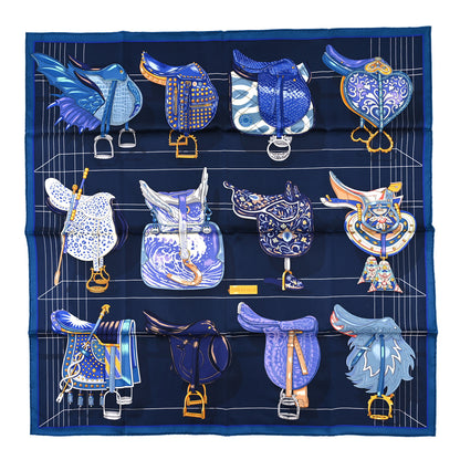 Hermes Silk Tous En Selle Scarf Cobalt Marine Or 1 of 3