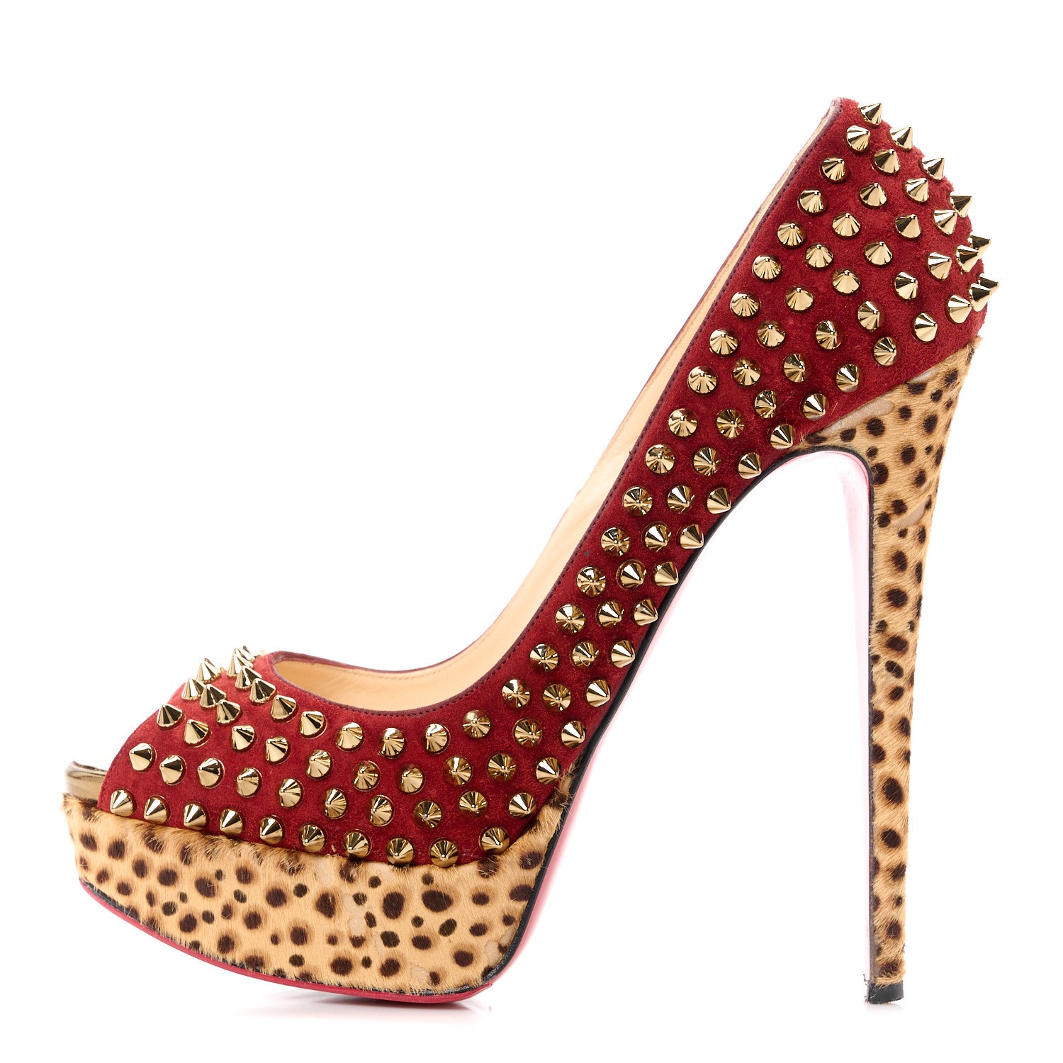 Christian Louboutin Veau Velours Calf Hair Leopard Lady Peep Spikes 150 Pumps 39.5 Red 1 of 11
