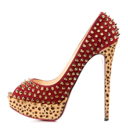 Christian Louboutin Veau Velours Calf Hair Leopard Lady Peep Spikes 150 Pumps 39.5 Red 1 of 11
