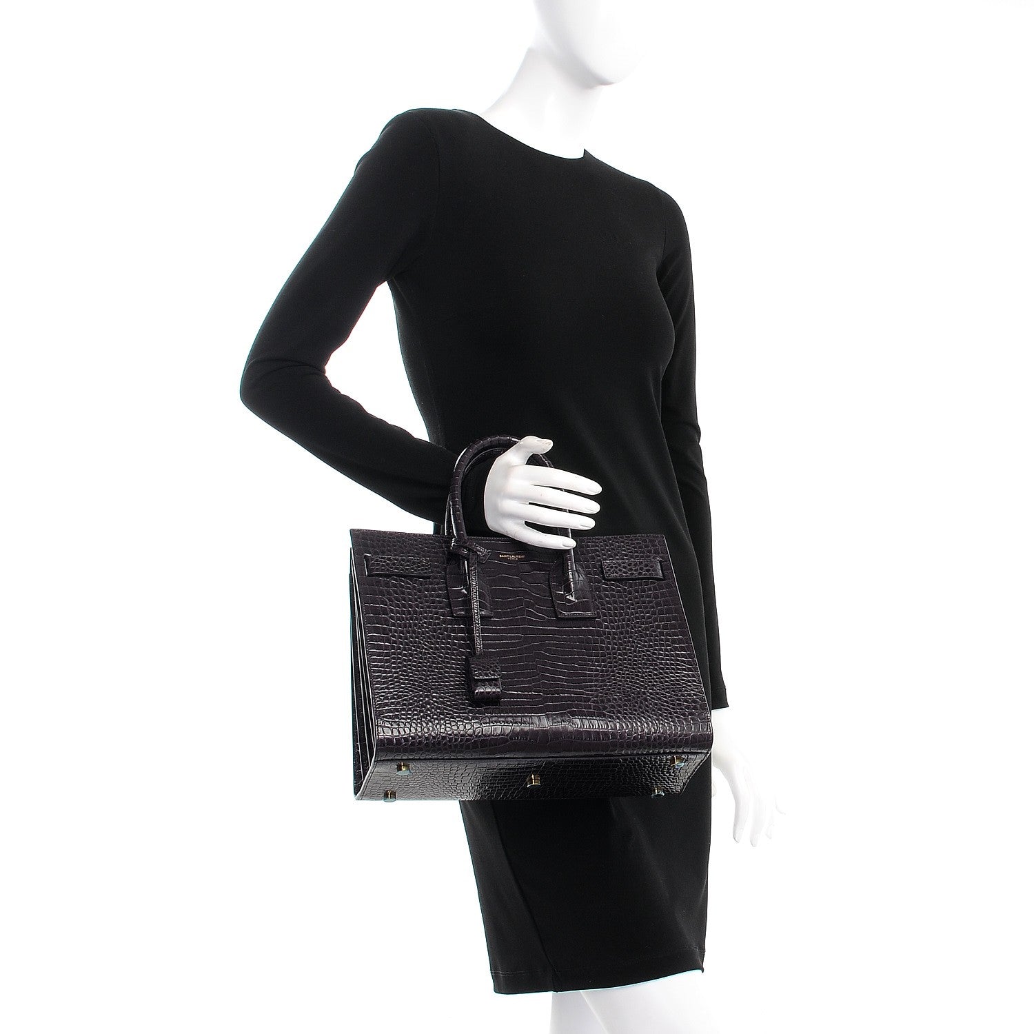 Saint Laurent Calfskin Crocodile Embossed Small Sac De Jour Prune 3 of 8