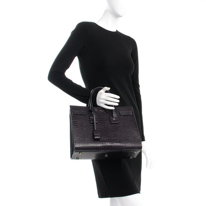 Saint Laurent Calfskin Crocodile Embossed Small Sac De Jour Prune 3 of 8