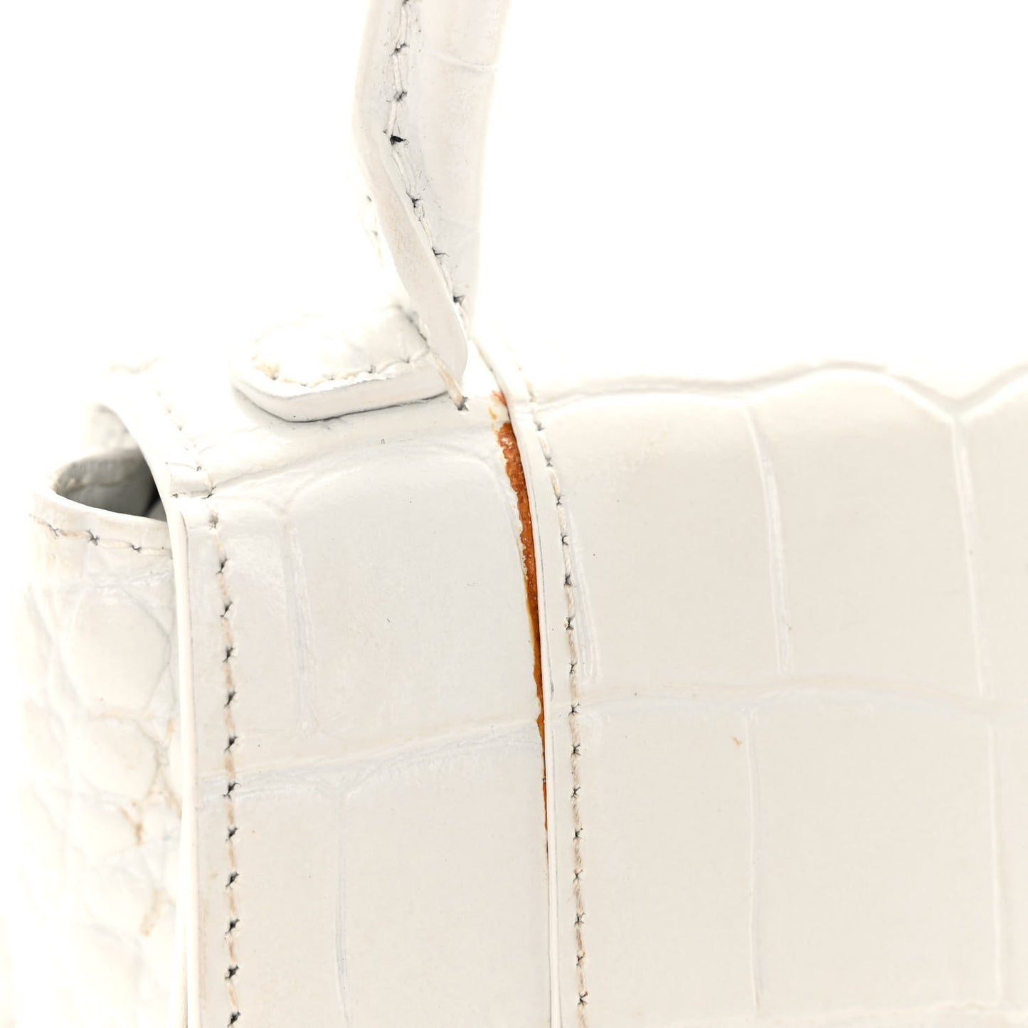 Shiny Calfskin Crocodile Embossed Hourglass Top Handle Bag XS White