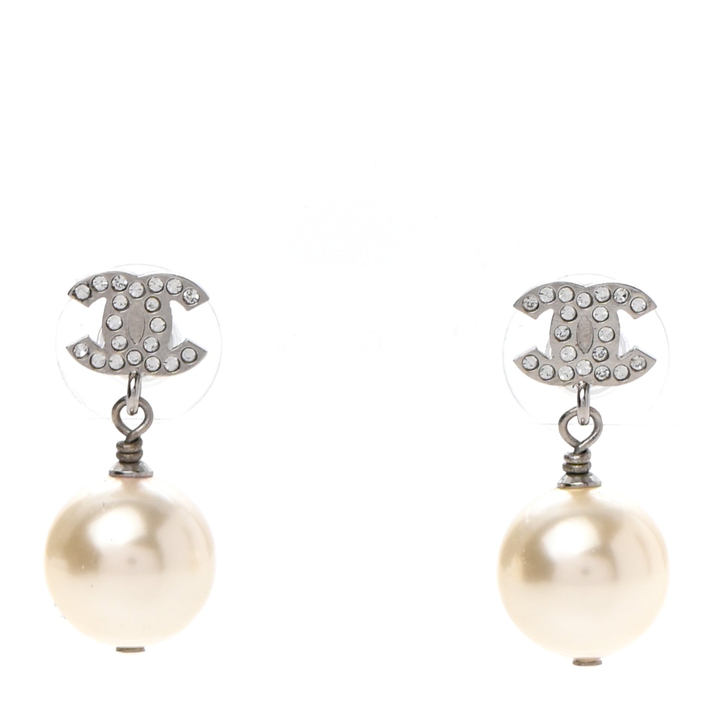 Crystal Pearl CC Drop Earrings Silver