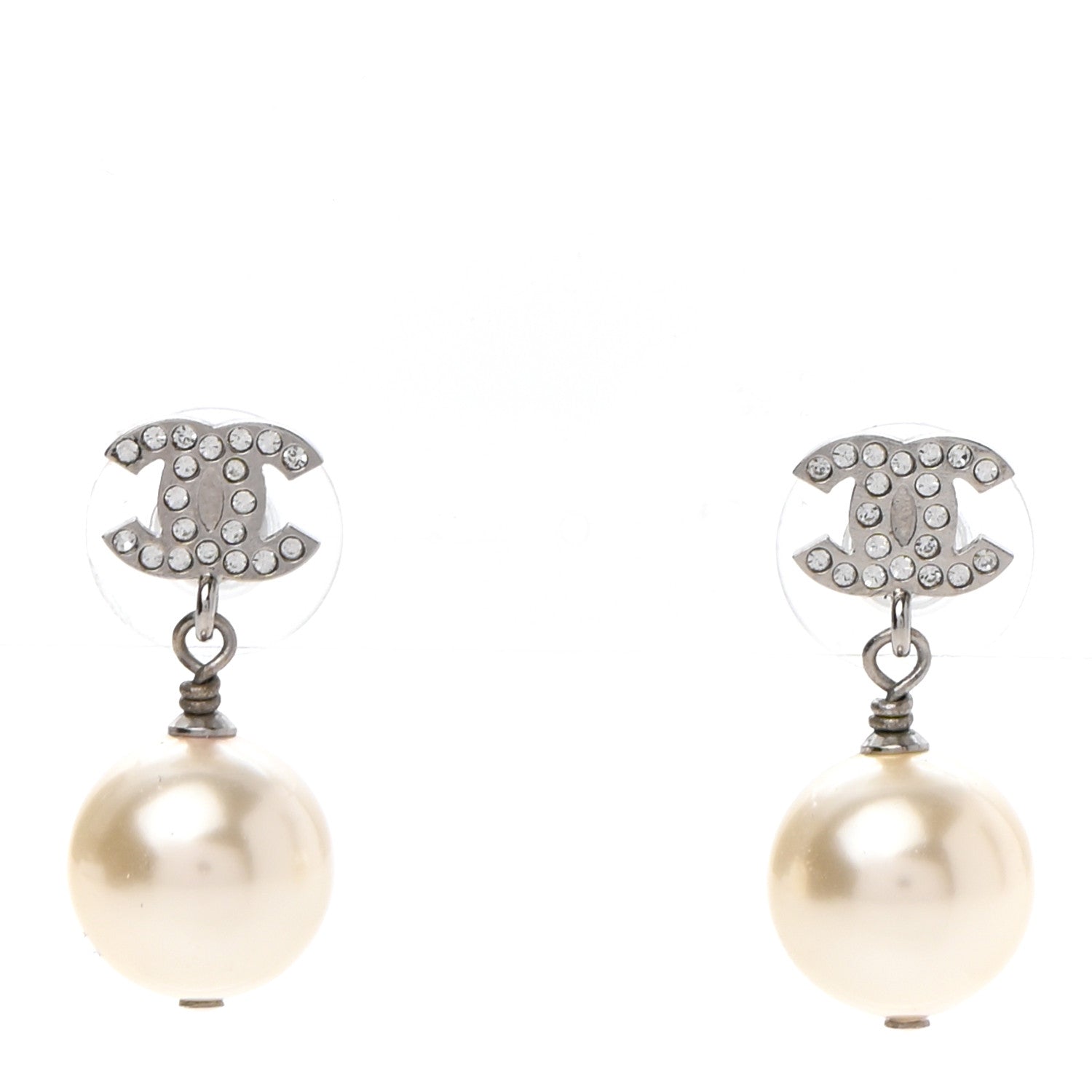 Chanel Crystal Pearl CC Drop Earrings Silver 1 of 5