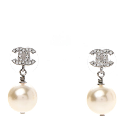 Chanel Crystal Pearl CC Drop Earrings Silver 1 of 5