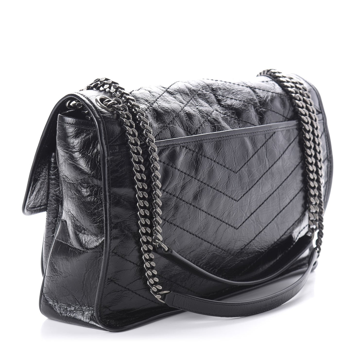 Crinkled Calfskin Matelasse Monogram Large Niki Chain Satchel Black
