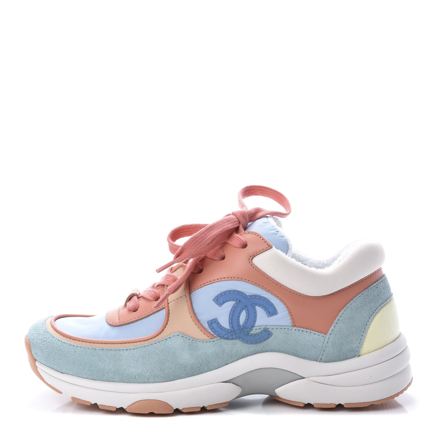 Chanel Nylon Lambskin Suede Calfskin CC Sneakers 35 Coral Light Blue White 1 of 8