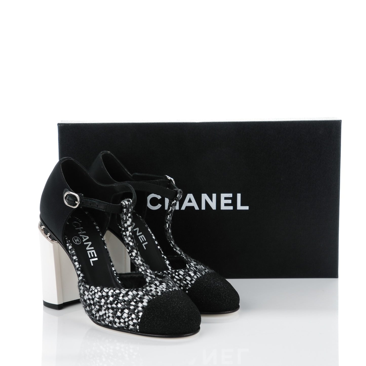 Tweed Grosgrain Chain T-Strap Pumps 37 Black Silver