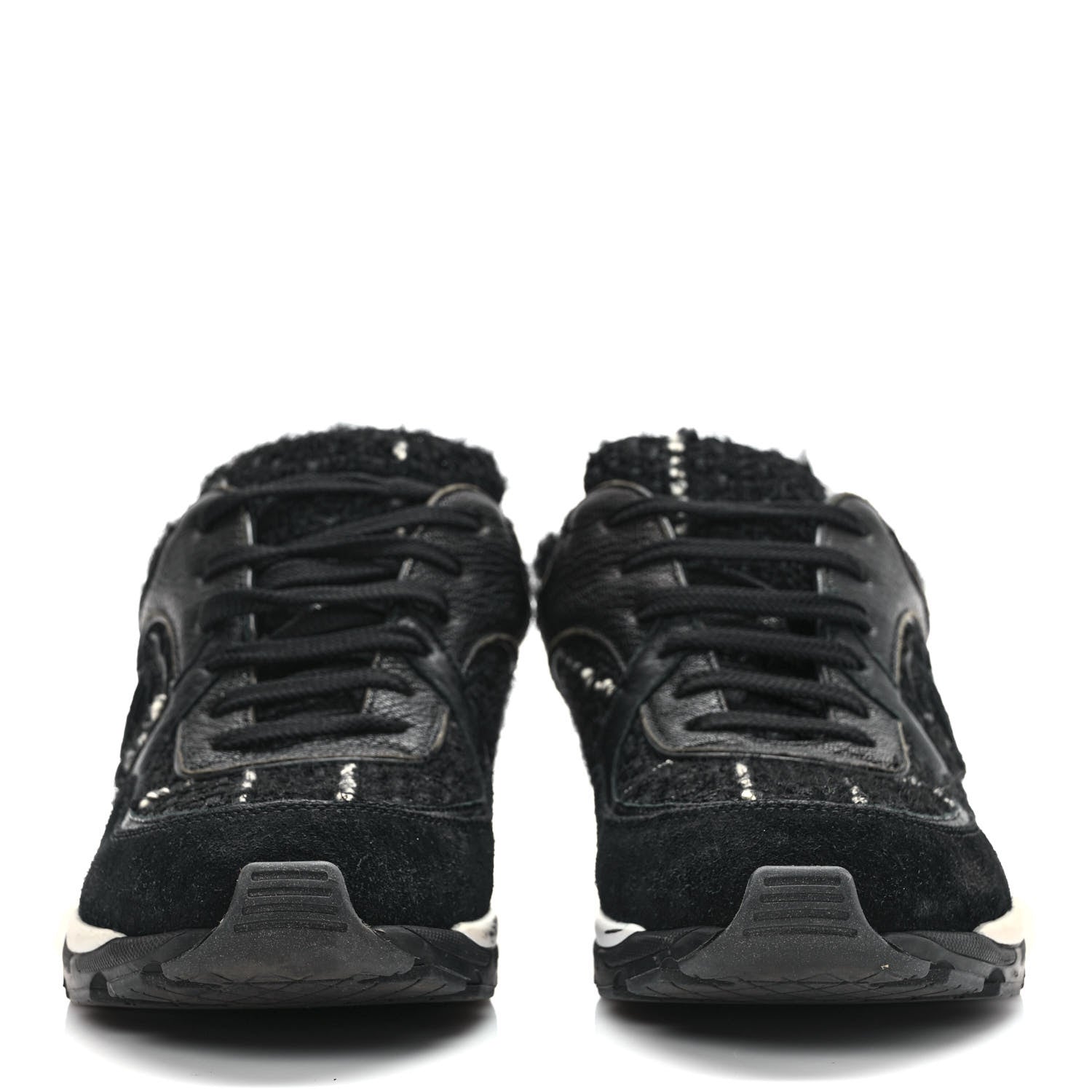 Chanel Tweed Suede Goatskin CC Sneakers 37.5 Black White 2 of 12