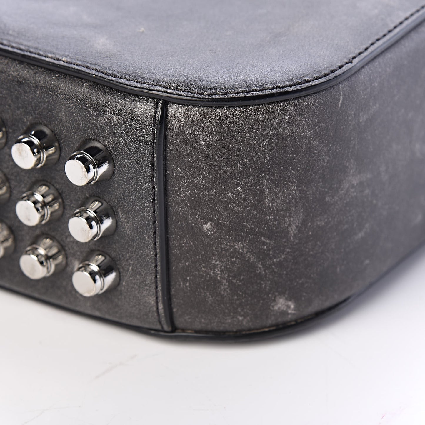 Distressed Calfskin Flat Drawstring Bucket Black