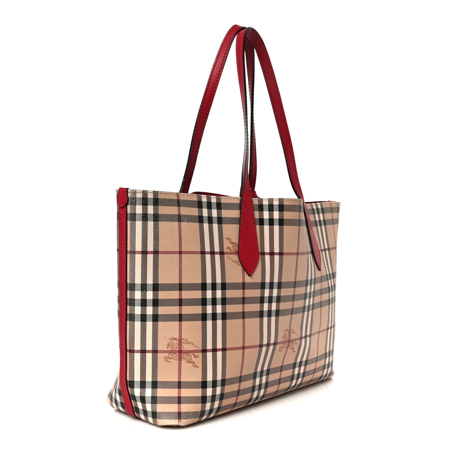 Grainy Calfskin Haymarket Check Medium Reversible Tote Red