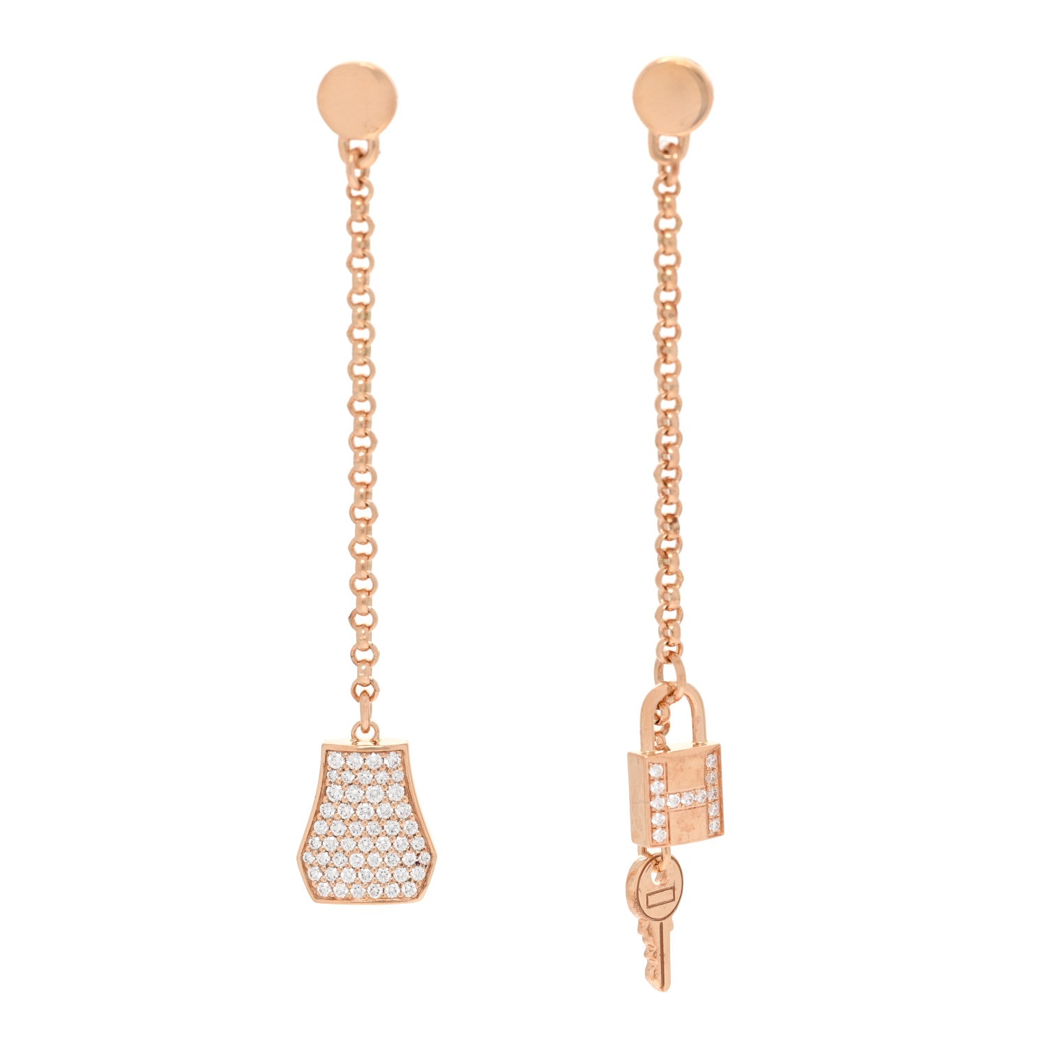 Hermes 18K Rose Gold Diamond Kelly Clochette Drop Earrings 1 of 5