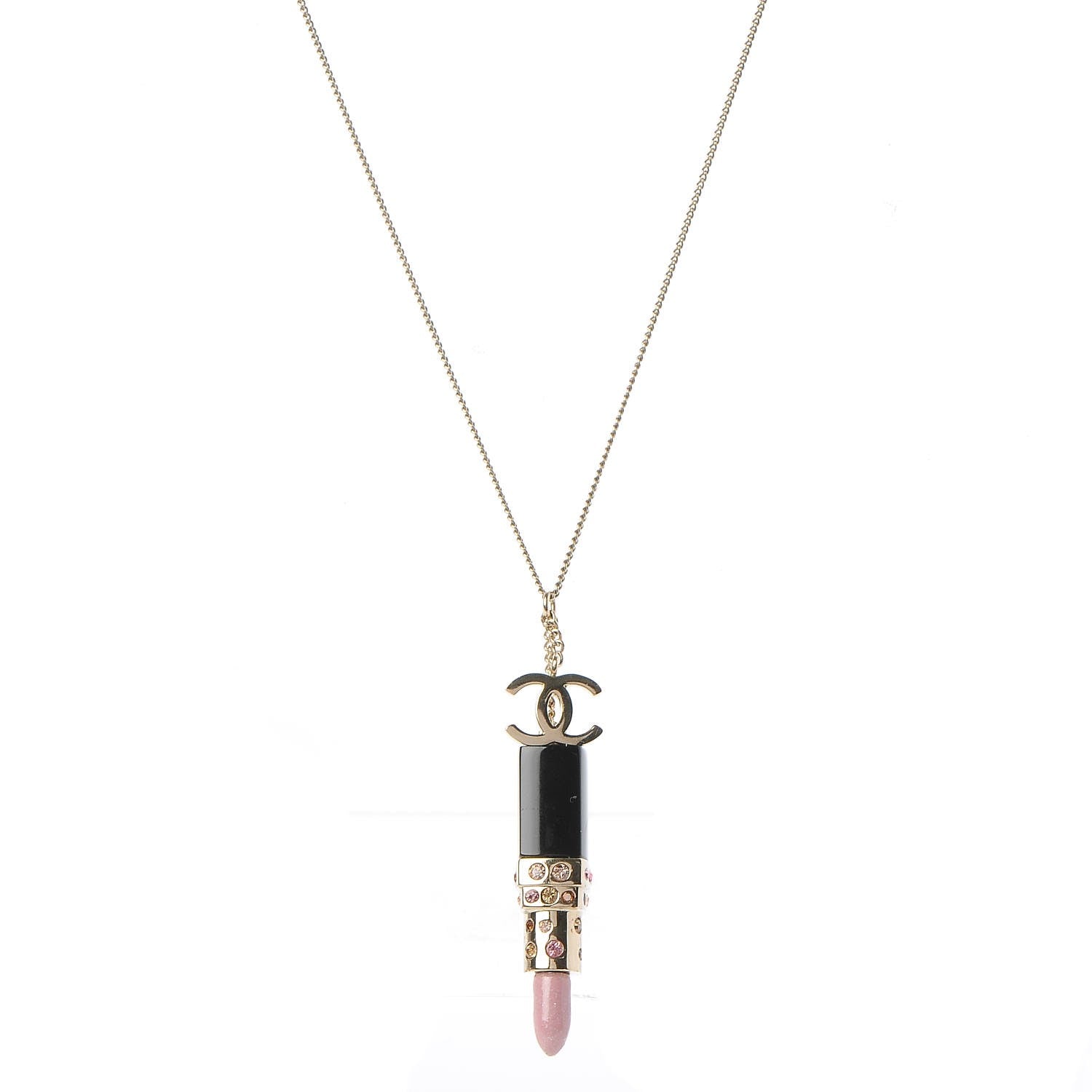 Chanel Resin Crystal Lipstick CC Necklace Gold 1 of 4