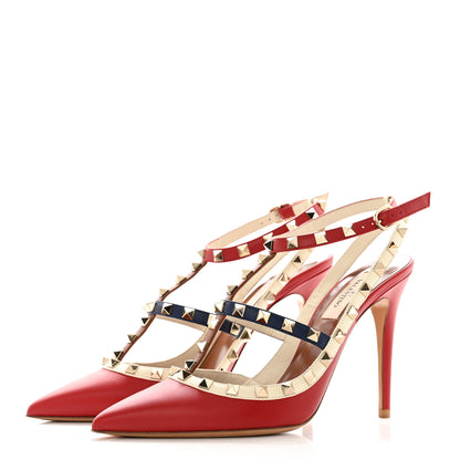 Valentino Garavani Calfskin Rockstud Ankle Strap 100mm Pumps 39 Rosso Valentino Ivory Pure Blue 3 of 9