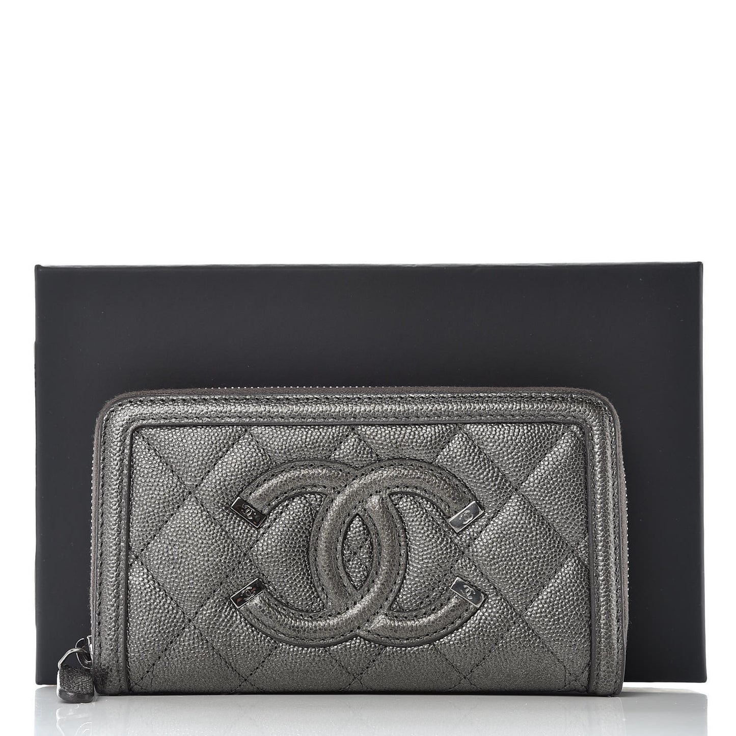 Metallic Caviar Quilted Medium Filigree Zip Around Wallet Dark Silver