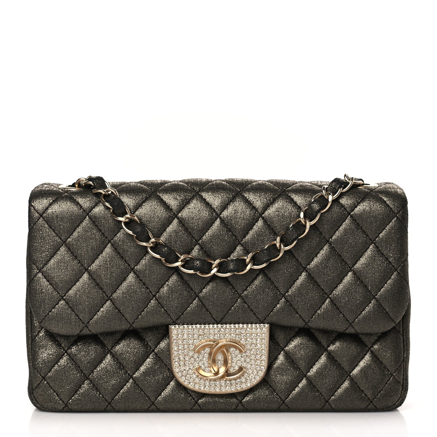 Iridescent Calfskin Quilted Crystal Mini Rectangular Flap Black Gold