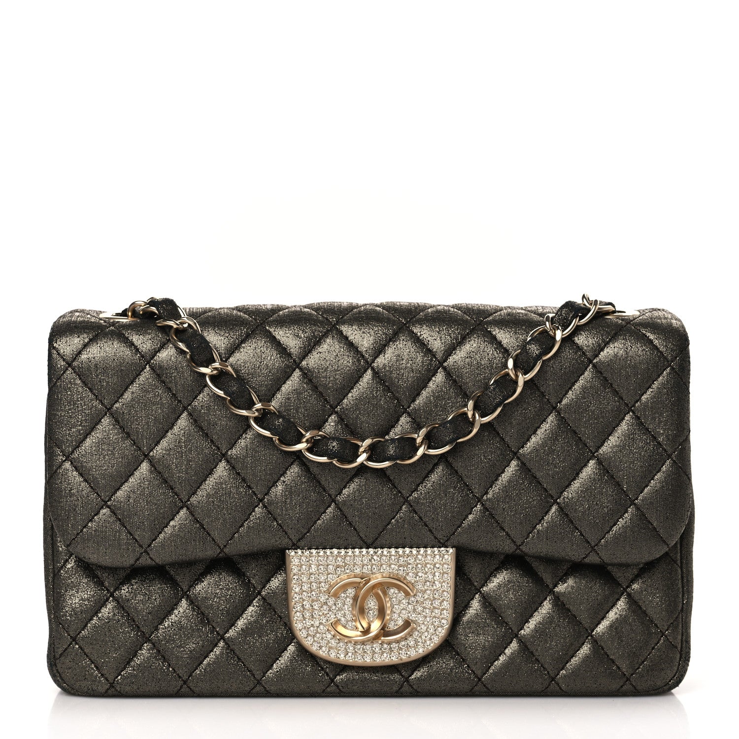 Chanel Iridescent Calfskin Quilted Crystal Mini Rectangular Flap Black Gold 1 of 8