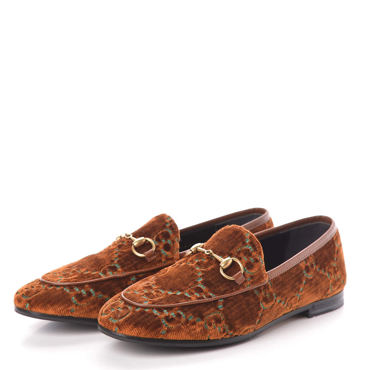 Gucci Velvet GG Monogram Horsebit Womens Jordaan Loafers 36.5 Cognac Green 3 of 8