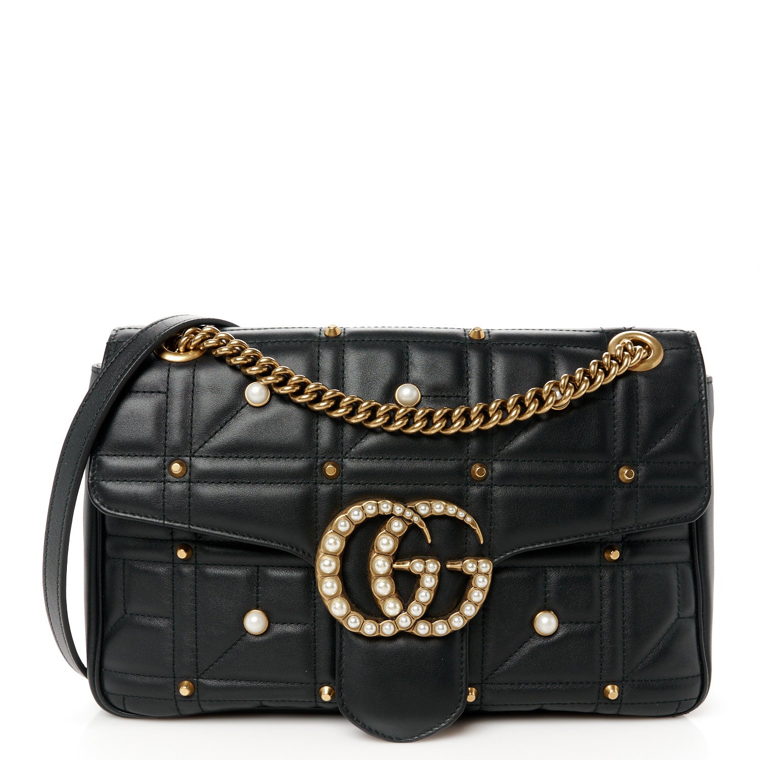 Gucci Calfskin Matelasse Studded Medium Pearly GG Marmont Shoulder Bag Black 1 of 11