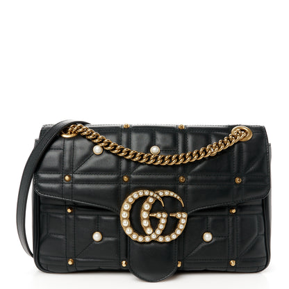 Gucci Calfskin Matelasse Studded Medium Pearly GG Marmont Shoulder Bag Black 1 of 11