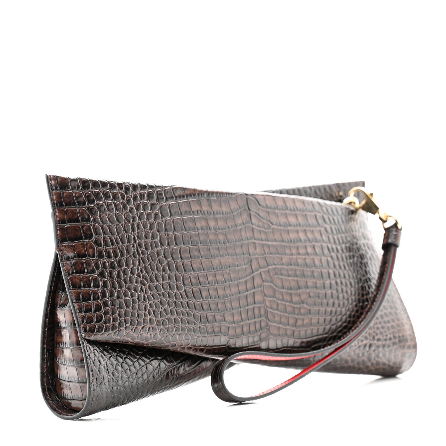 Crocodile Embossed Calfskin Loubi Twist Zip Clutch Bag Brown