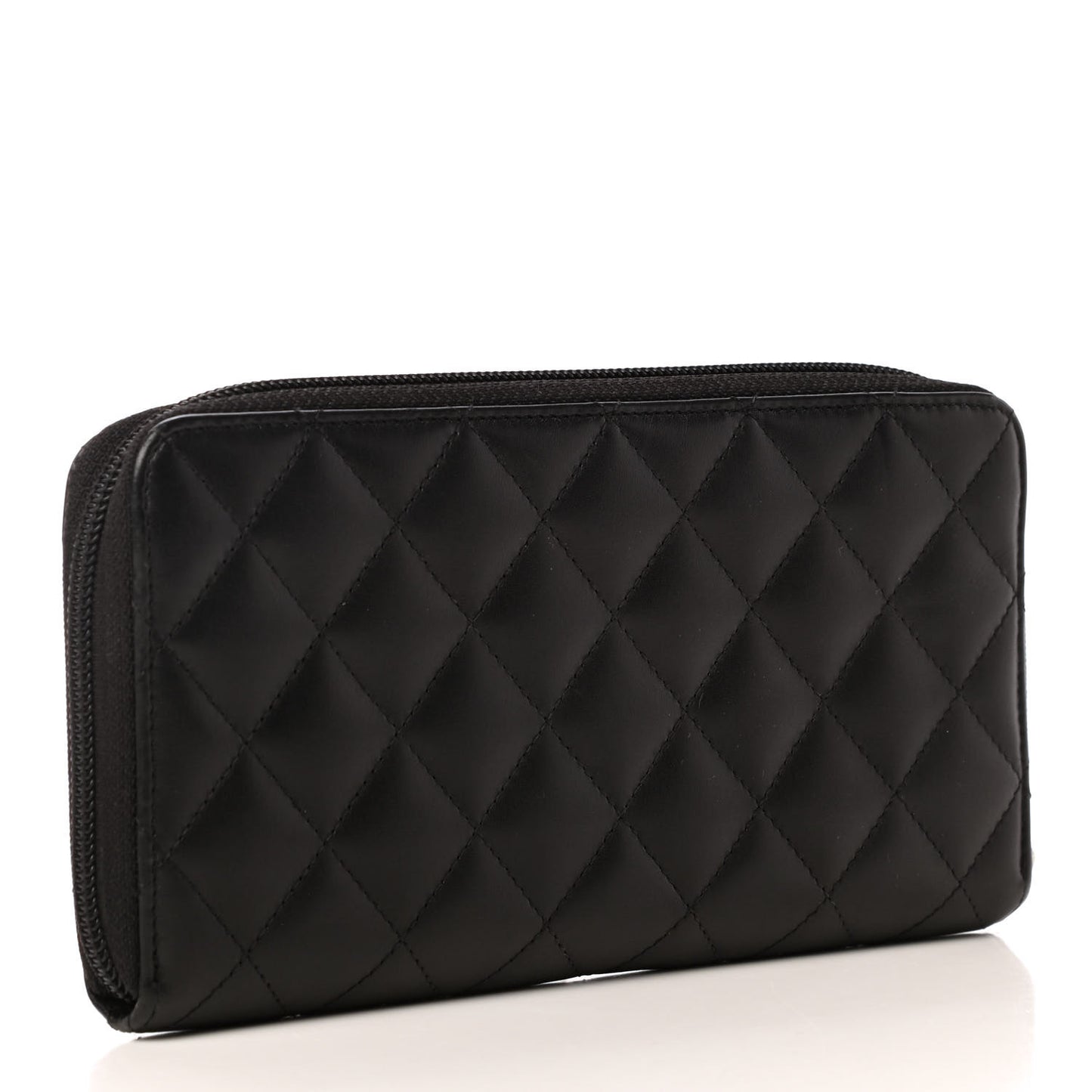 Calfskin Quilted Cambon Large Gusset Zip Around Wallet Black