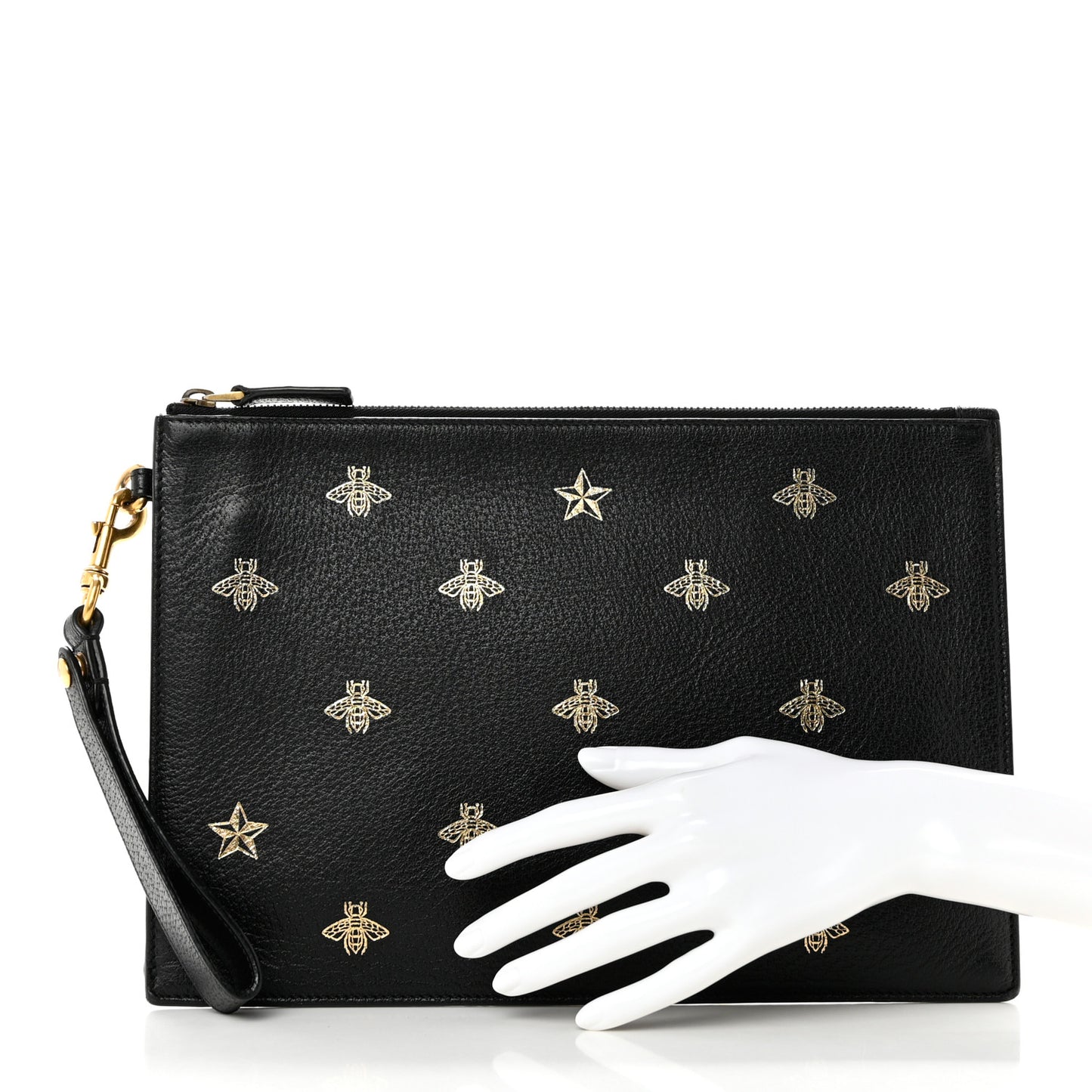Dollar Calfskin Boar Effect Bee Star Zip Wristlet Pouch Black