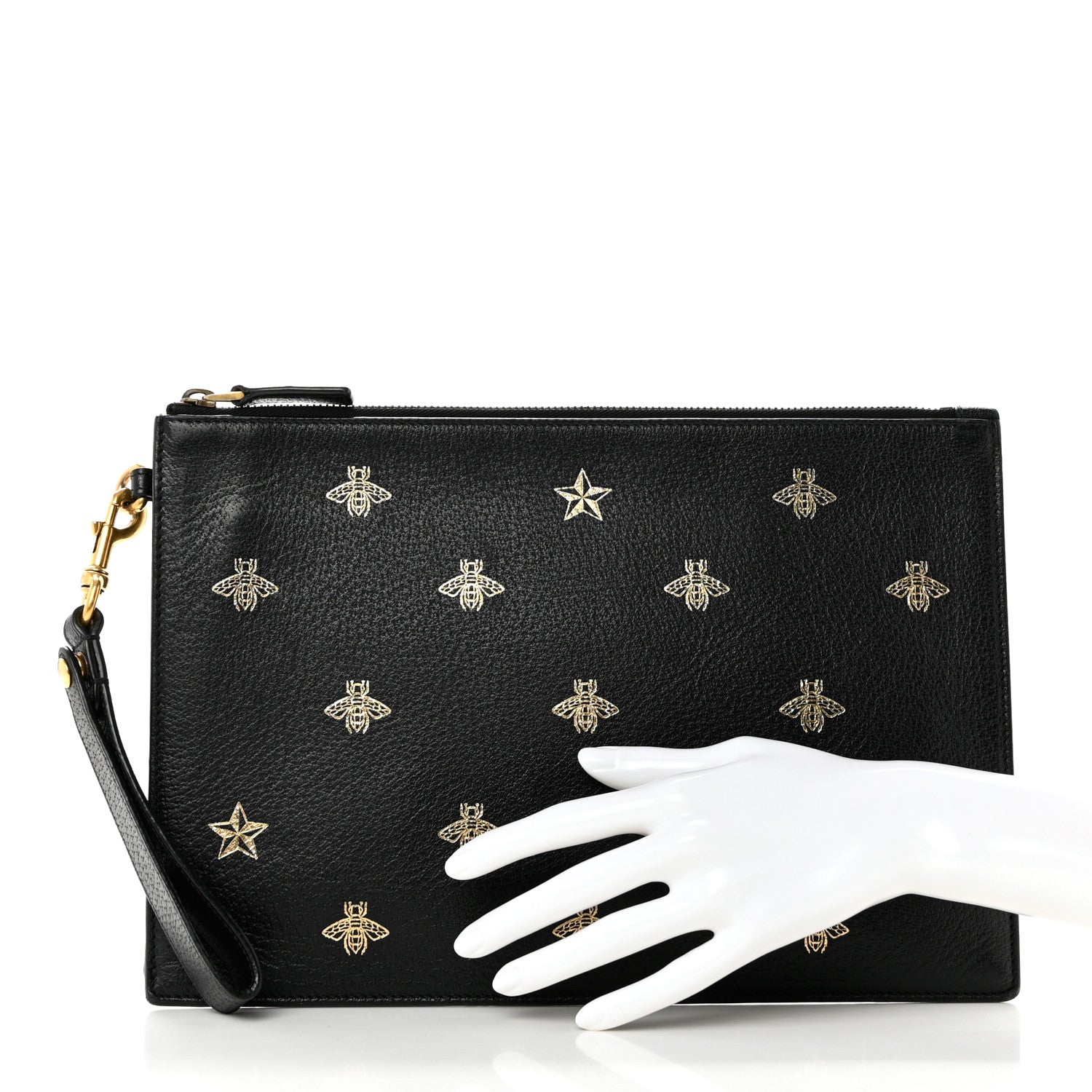 Gucci Dollar Calfskin Boar Effect Bee Star Zip Wristlet Pouch Black 2 of 7