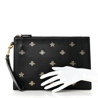 Gucci Dollar Calfskin Boar Effect Bee Star Zip Wristlet Pouch Black 2 of 7