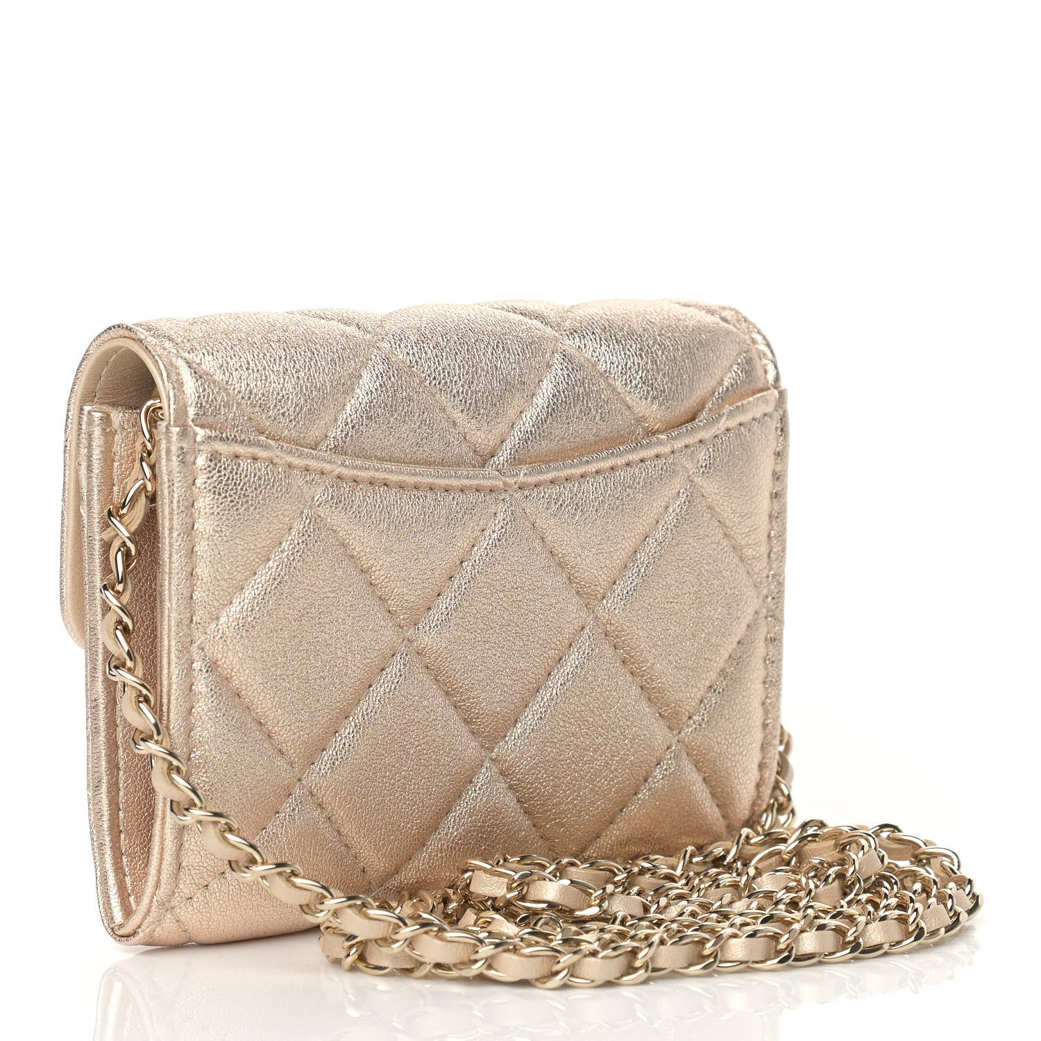 Chanel Metallic Lambskin Quilted Flap Card Holder On Chain Gold 3 of 10