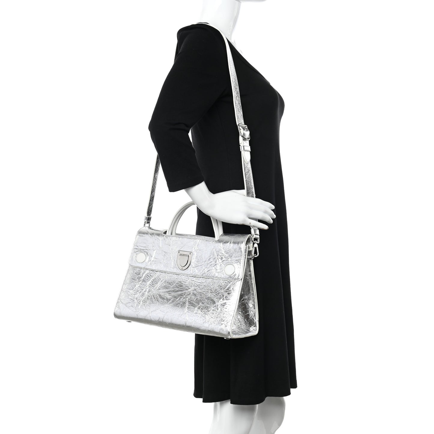 Metallic Calfskin Medium Diorever Flap Silver